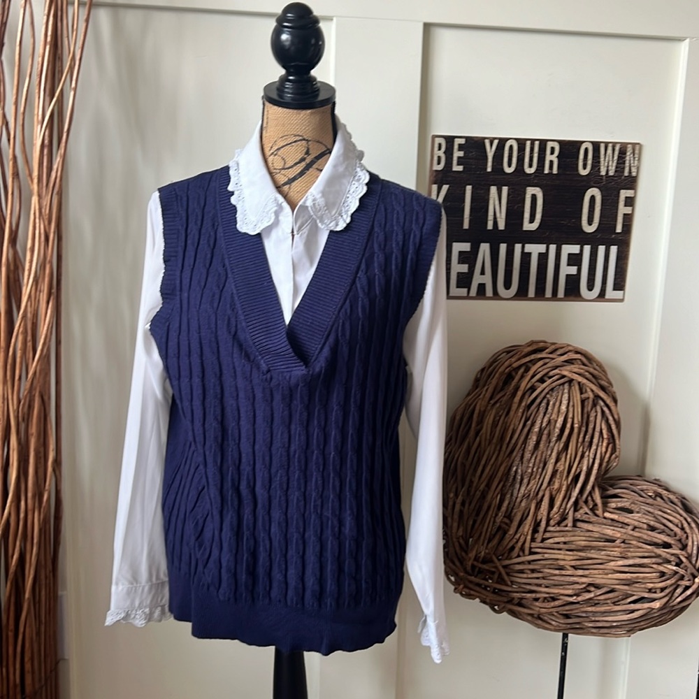 Siani White Eyelet Blouse 2-Fer With Navy V-Neck Sweater Vest